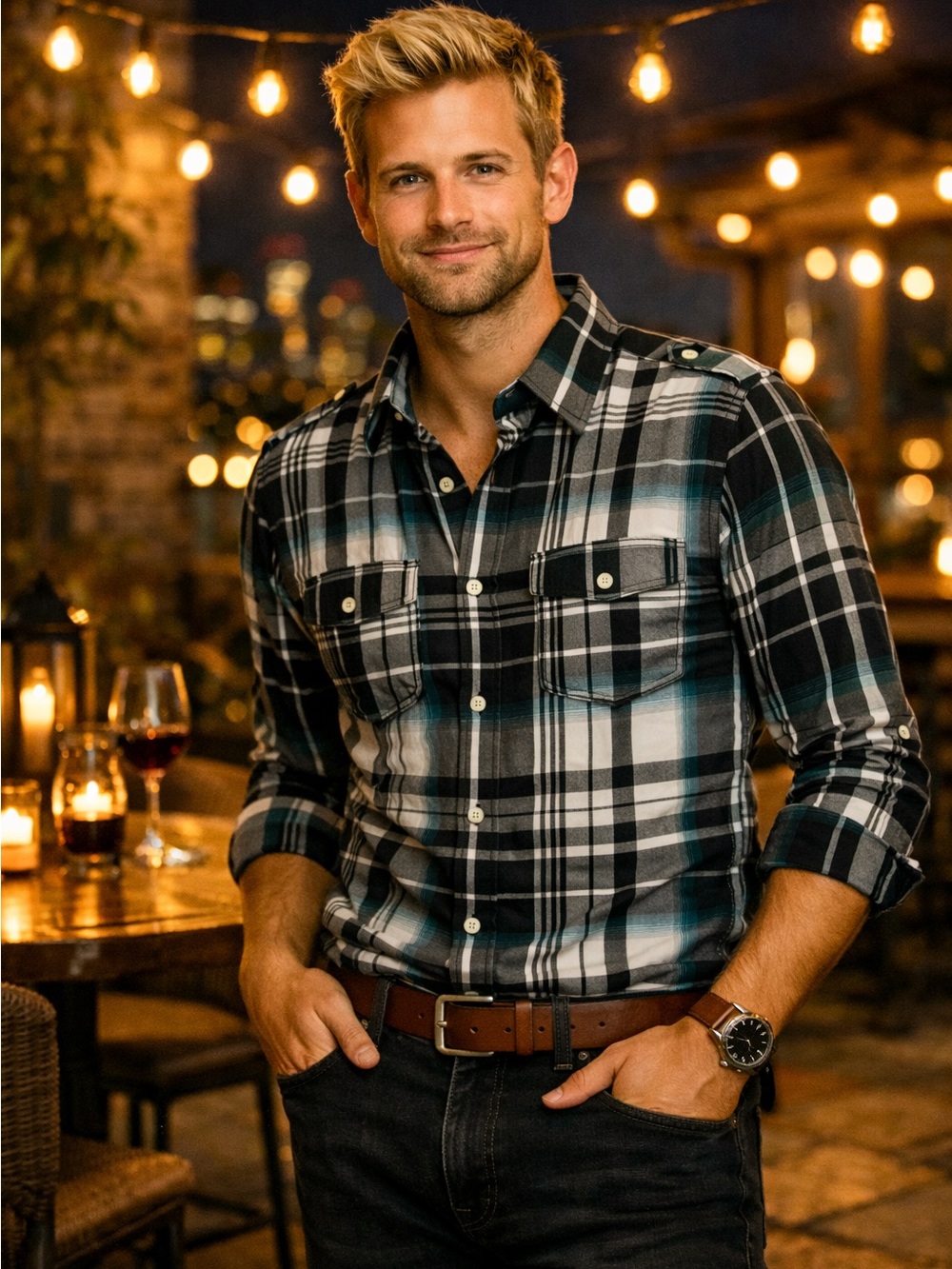 Express Black and Teal Plaid Casual Button Down Shirt